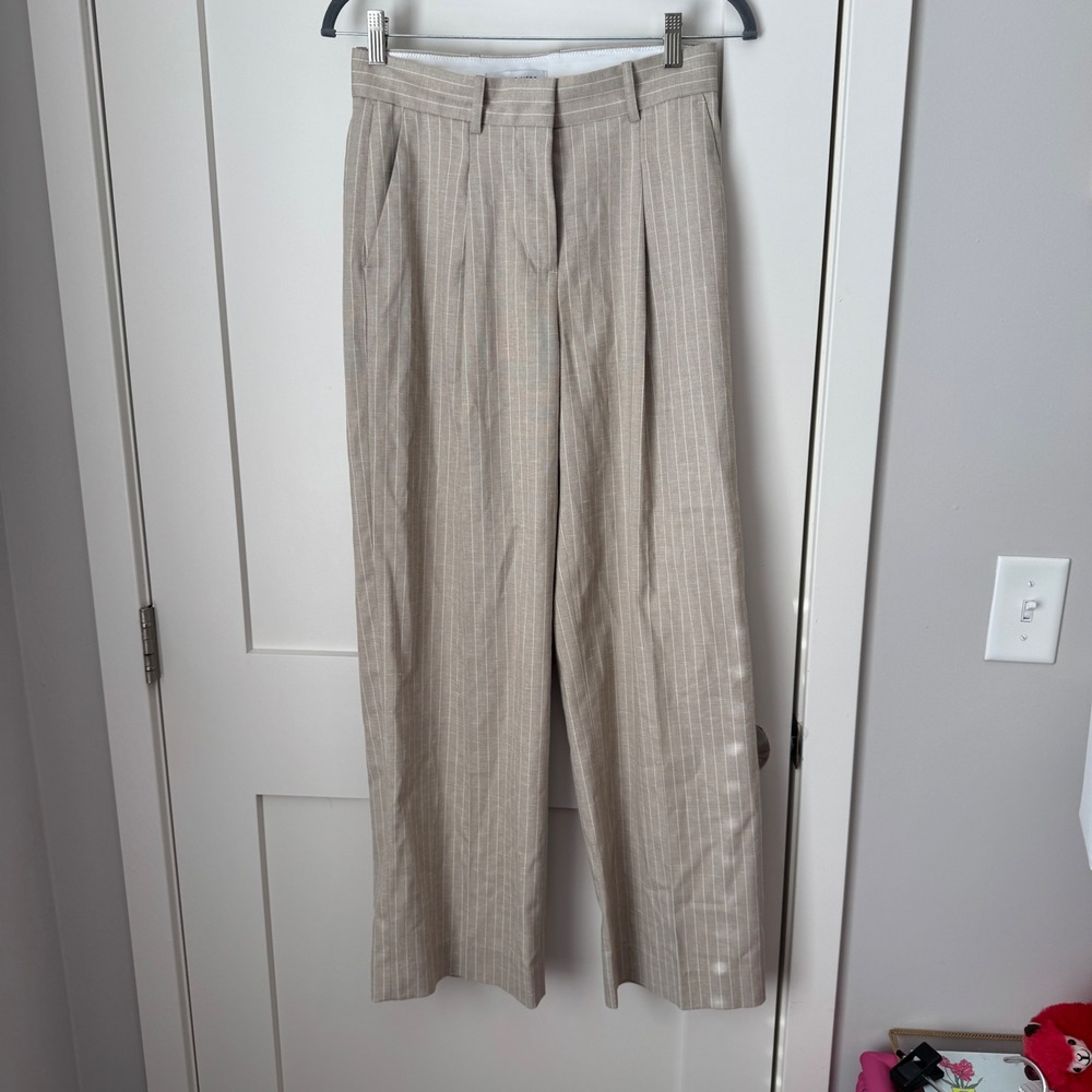 Amour Vert Beige Pinstripe High Waisted Wide Leg Pleated Trousers Pants Size 4